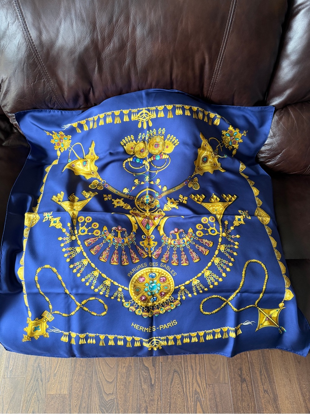 Hermes Navy & Gold Silk-Look Scarf with Jewel Motif - Picture 2 of 5